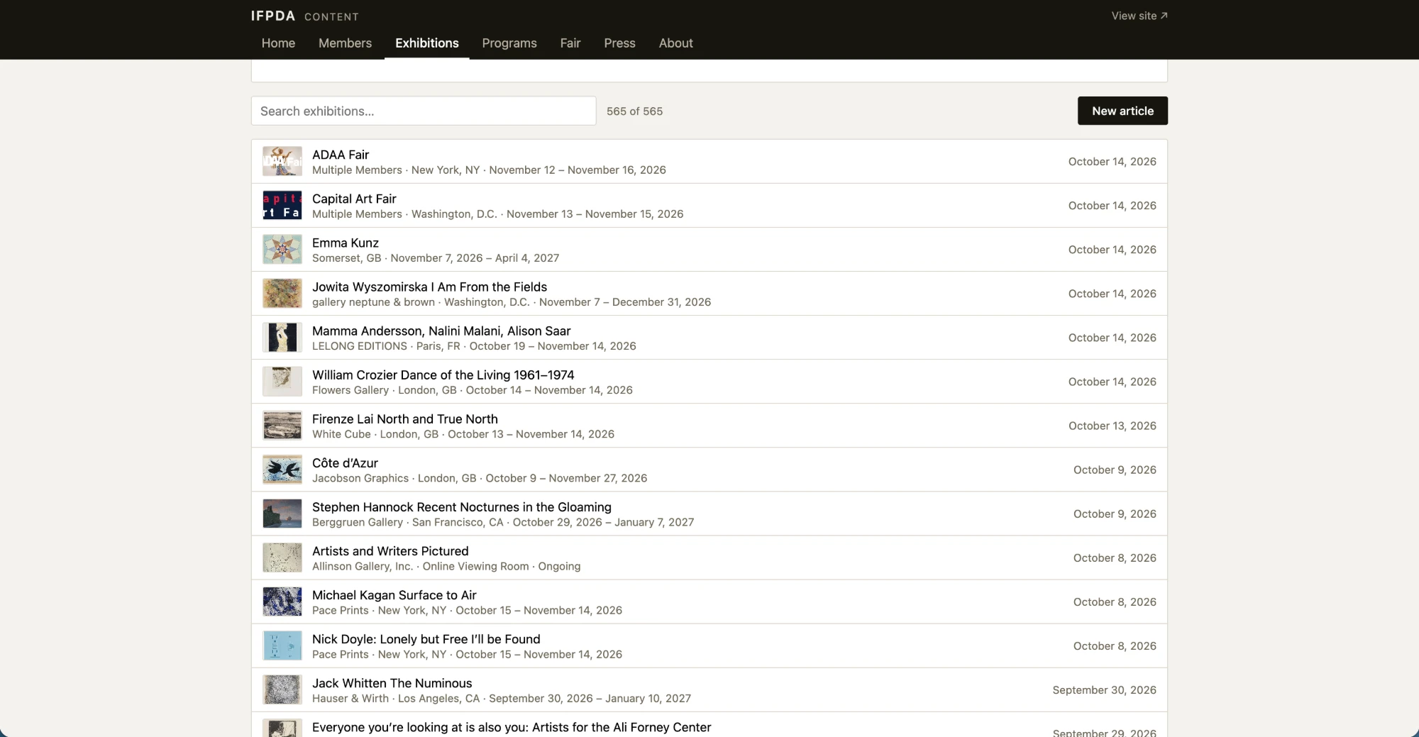 The Exhibitions tab of the IFPDA content manager: a search field, a count reading 565 of 565, and a list of exhibitions with member, city and date ranges.