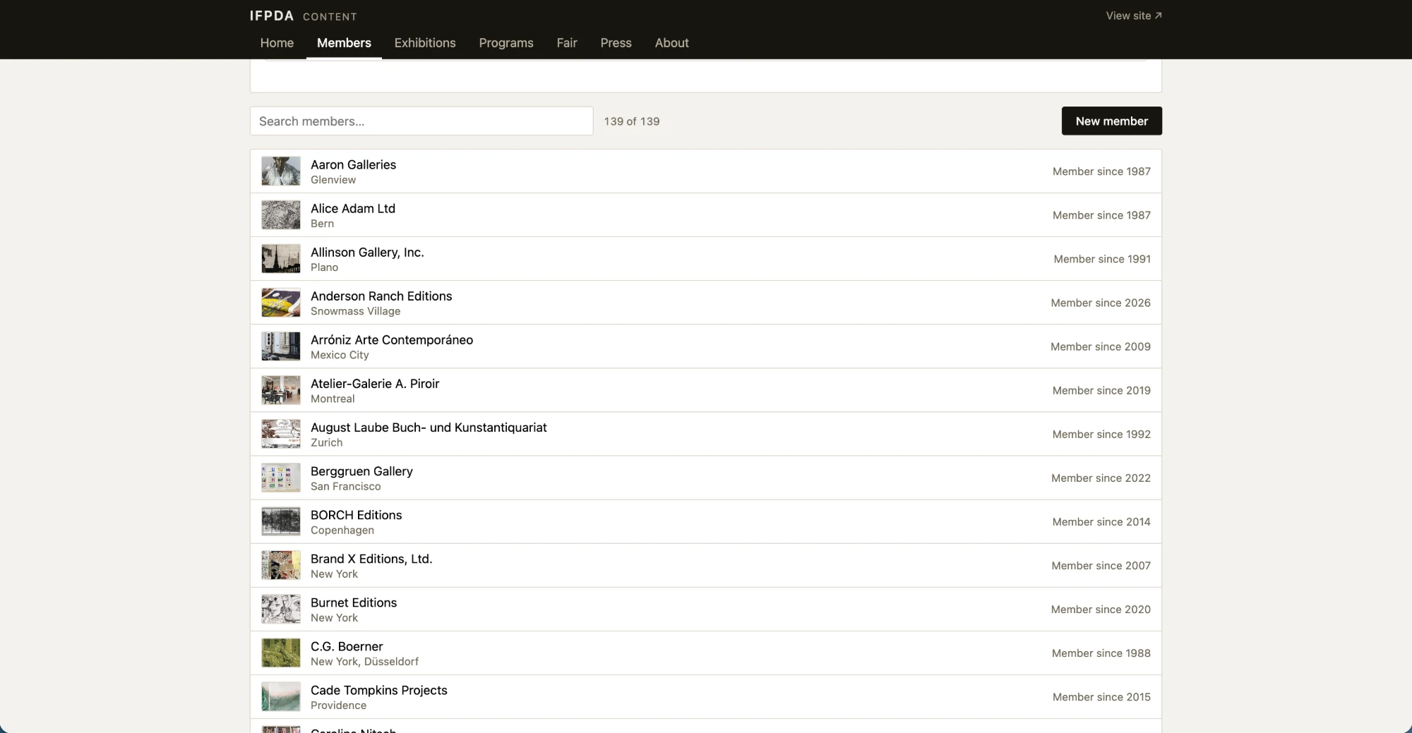 The Members tab of the IFPDA content manager: a search field, a count reading 139 of 139, a New member button, and a list of member galleries with thumbnails, cities and joining years.
